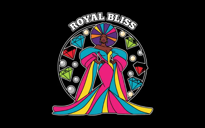 Regal figure in multicolored gown and headdress under “ROYAL BLISS” text, framed by gems
