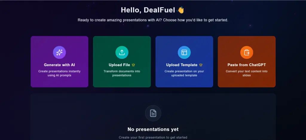 PowerPresent AI Presentation Generator Dashboard