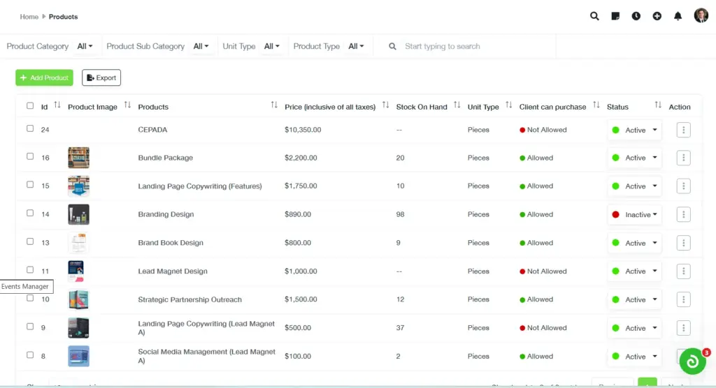 Product Screen, All-in-one Business Management Software