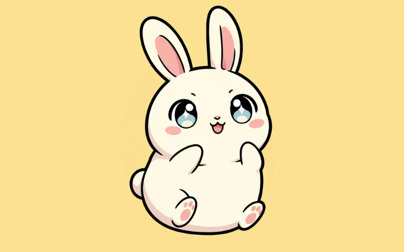 Chubby white bunny with sparkly blue eyes and pink accents on light yellow background