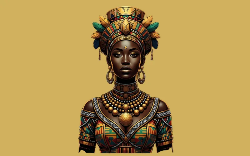 Portrait of person in vibrant African attire and jewelry with geometric headdress on mustard yellow