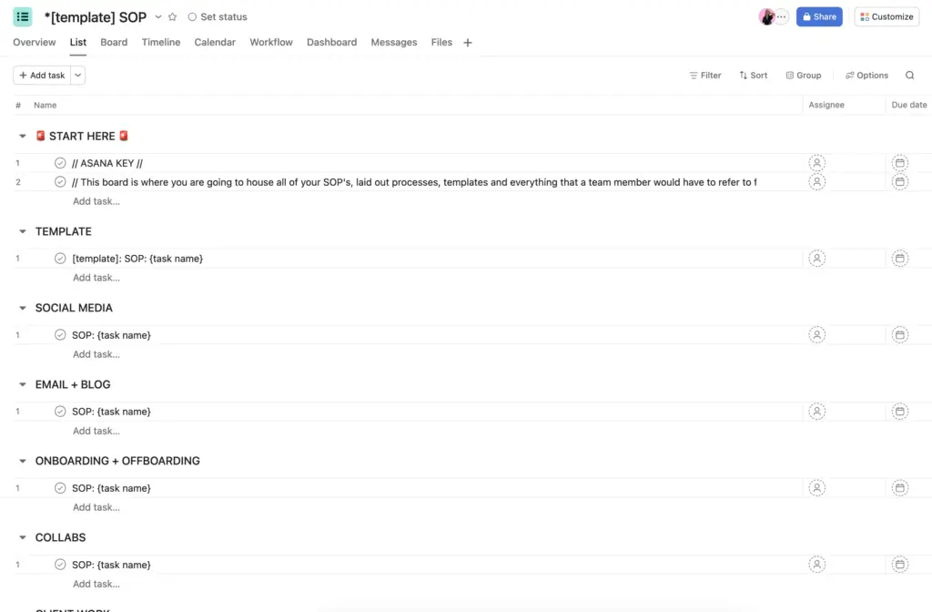 SOP Asana TEmplates