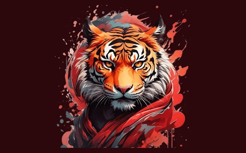 Intense tiger face with swirling red ribbons and paint splashes on abstract background