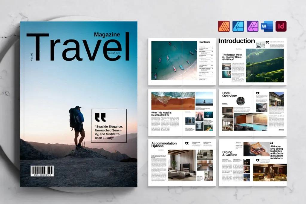 - Travel magazine with rocky terrain cover and sunset hiking theme.