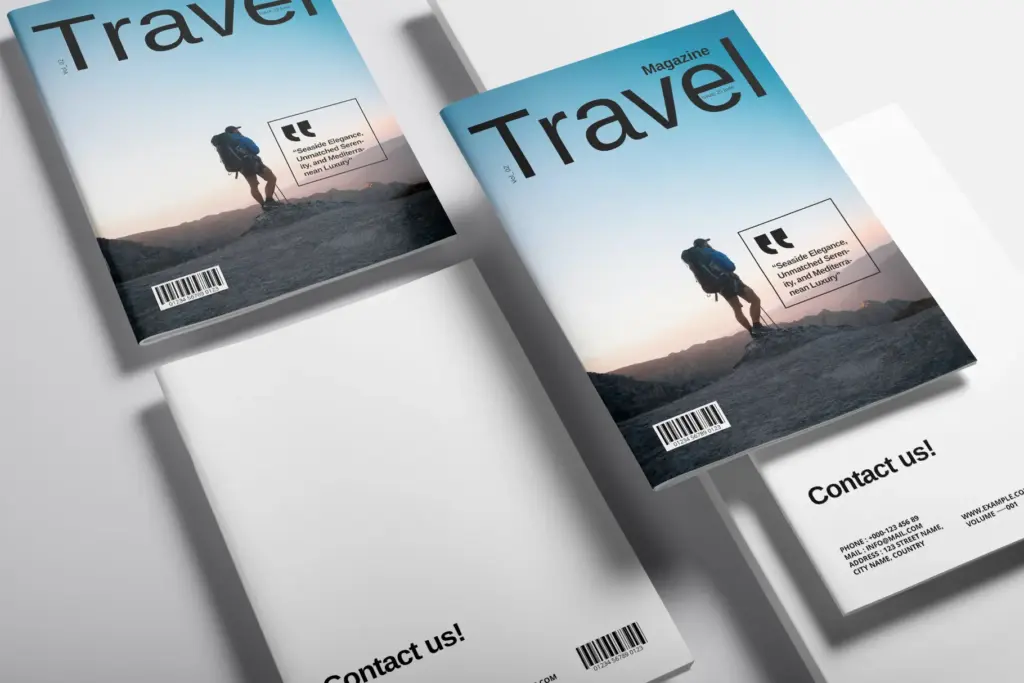 - Travel magazine layout with quote by Gustave Flaubert and contact info.