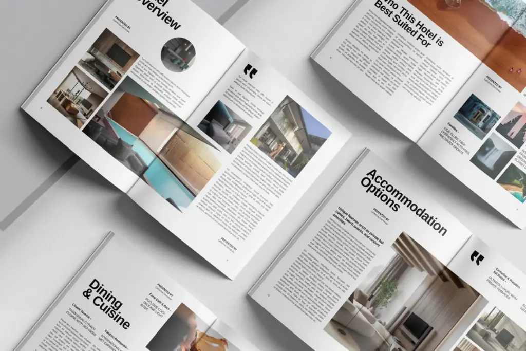 Travel editorial spread showcasing resort amenities, spa, and recreation.