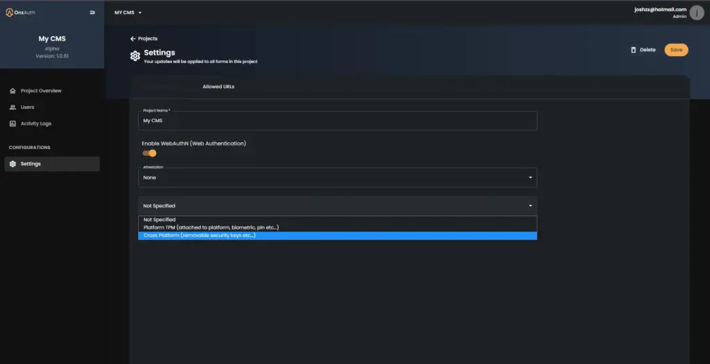 WebAuthNSettings In OnzAuth