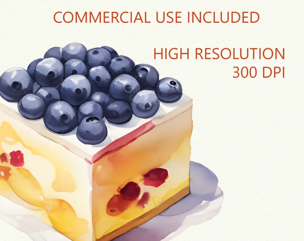 Watercolor dessert topped with blueberries and fruit layers, labeled for commercial use