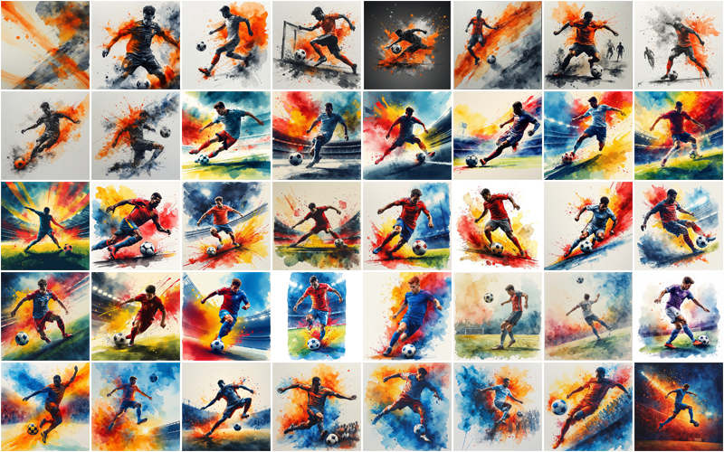 Collage of 40 soccer illustrations with bold brush strokes, abstract backgrounds, and players in varied action poses