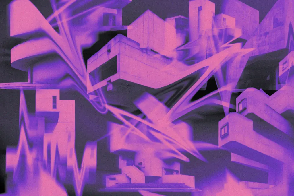 A surreal collage of brutalist-style buildings with dynamic purple light streaks, showcasing architectural brush textures Photoshop Design Assets