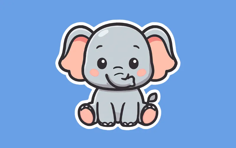 Cute baby elephant with pink cheeks and ears, sitting playfully on a solid blue background. Sticker Prompts