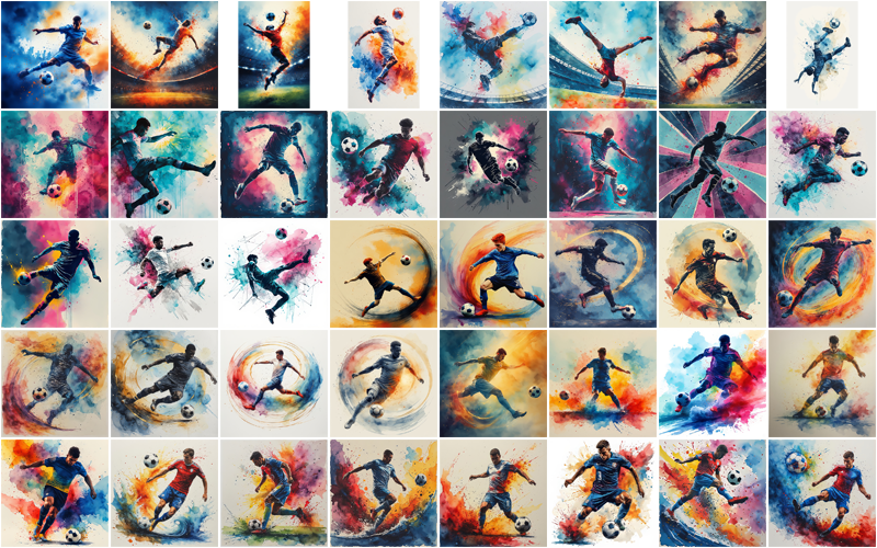 Grid of 40 expressive soccer artworks using abstract color splashes and fluid forms to depict athletic motion and intensity