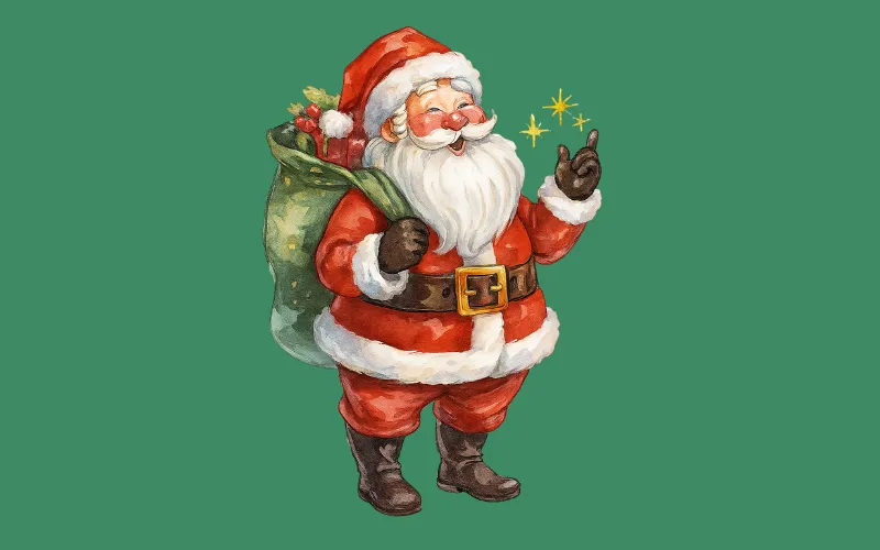 Smiling Santa with green gift sack and magical stars, set against a vibrant green background Sticker Prompts