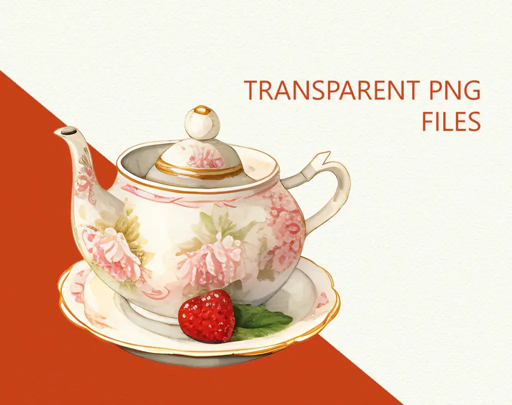 Porcelain teapot with pink flowers and strawberry on saucer, set against a split-color background