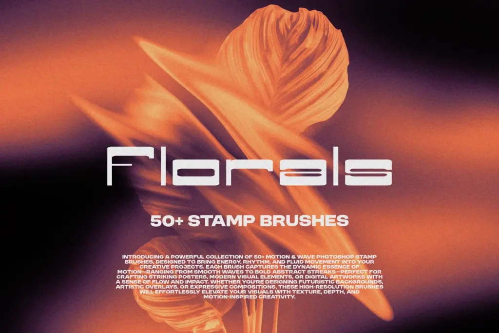 Promotional graphic for 50+ Photoshop floral stamp brushes, featuring an abstract orange flower on a dark background Photoshop Design Assets