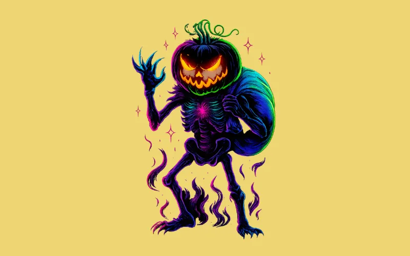 Colorful skeleton creature with glowing jack-o'-lantern head and swirling flames, on yellow background Sticker Prompts