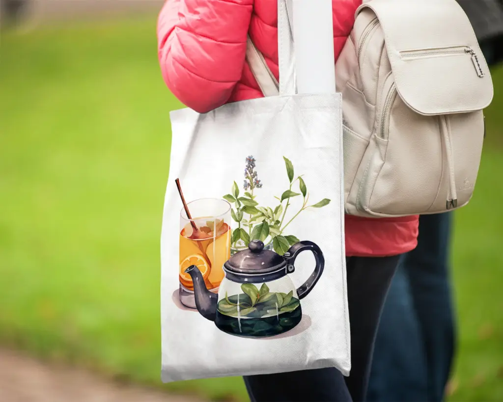Person carrying tote bag with iced tea, green teapot, and herbs in a nature-inspired design