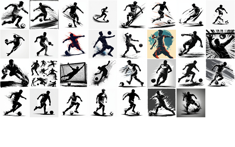 Grid of 30 stylized soccer illustrations in bold black-and-white with dramatic motion effects and expressive brushwork
