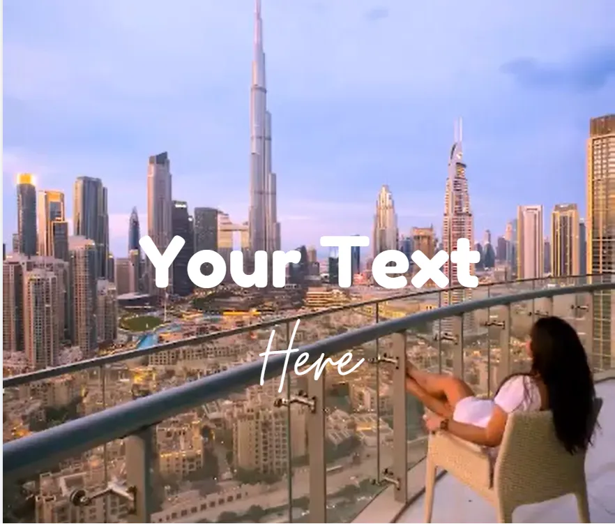 Woman relaxing on a balcony with a view of the Dubai city skyline and the Burj Khalifa.