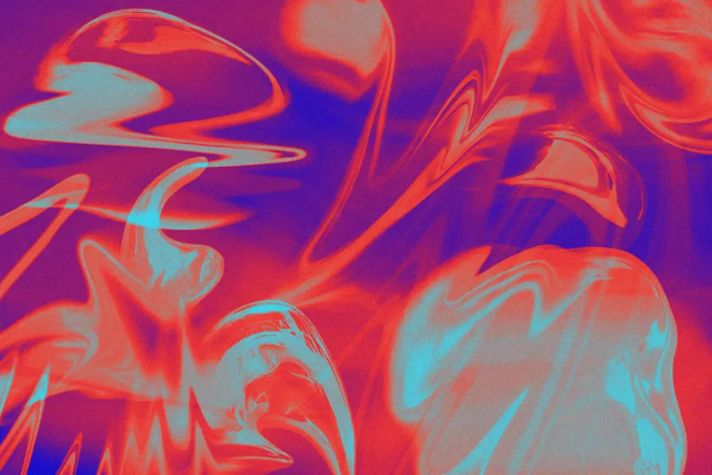 Abstract liquid shapes in red and cyan tones, showcasing fluid motion and wave-inspired brush textures Photoshop Design Assets