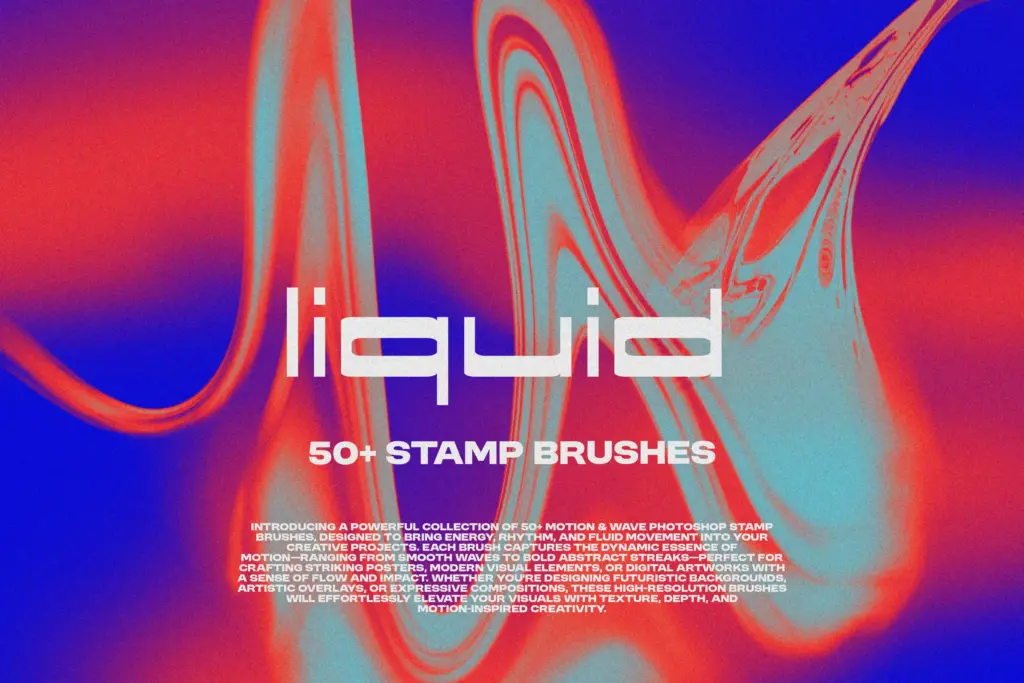 Promotional graphic for 50+ Photoshop liquid-themed stamp brushes with swirling red and cyan abstract patterns