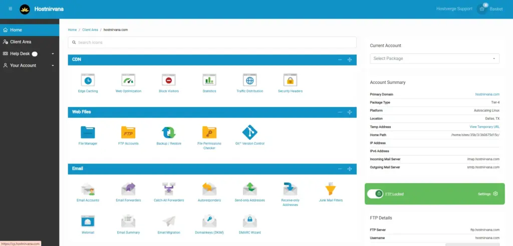 Dashboard of Hostnirvana, Cloud Web Hosting Service
