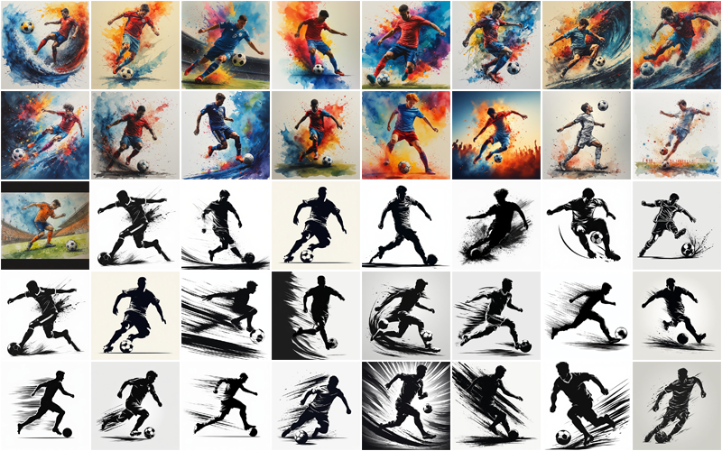 Collage of 40 soccer illustrations blending colorful abstract styles with black-and-white silhouettes, emphasizing speed and movement