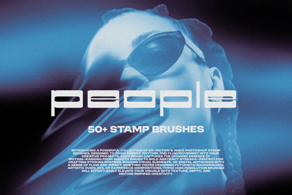 Promotional graphic for 50+ Photoshop stamp brushes featuring stylized portraits with motion blur effects Photoshop Design Assets