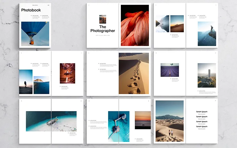 Twelve-page photobook spread with varied photography and sparse placeholder text