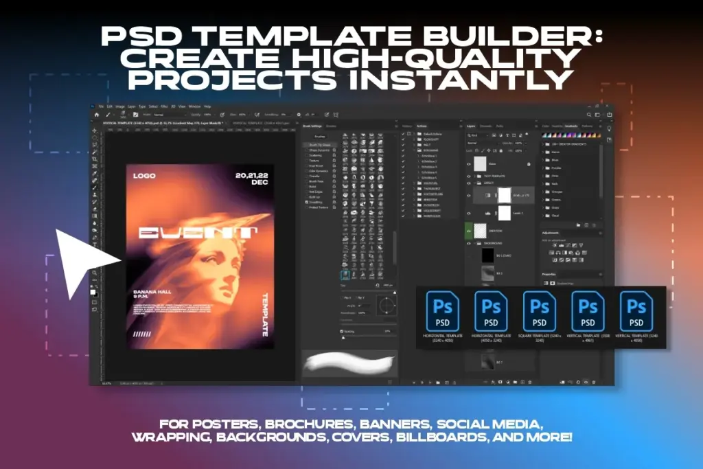 Promotional graphic showing a PSD template builder in Photoshop for creating posters, banners, and social media assets