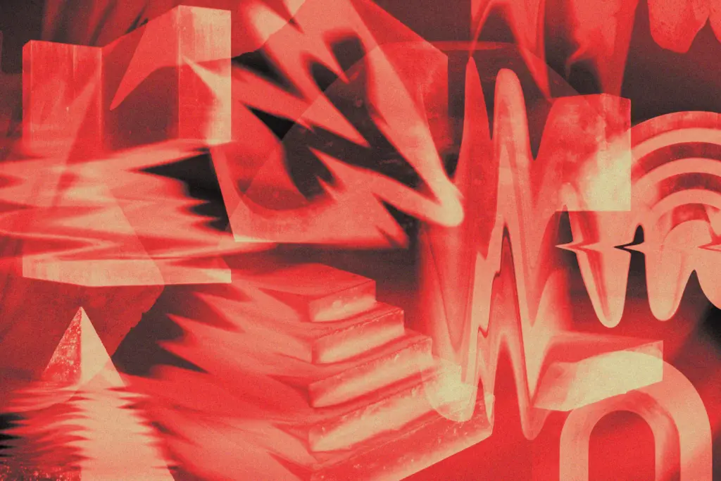 A chaotic mix of geometric forms like stairs, arrows, and arcs in red tones with wave distortions