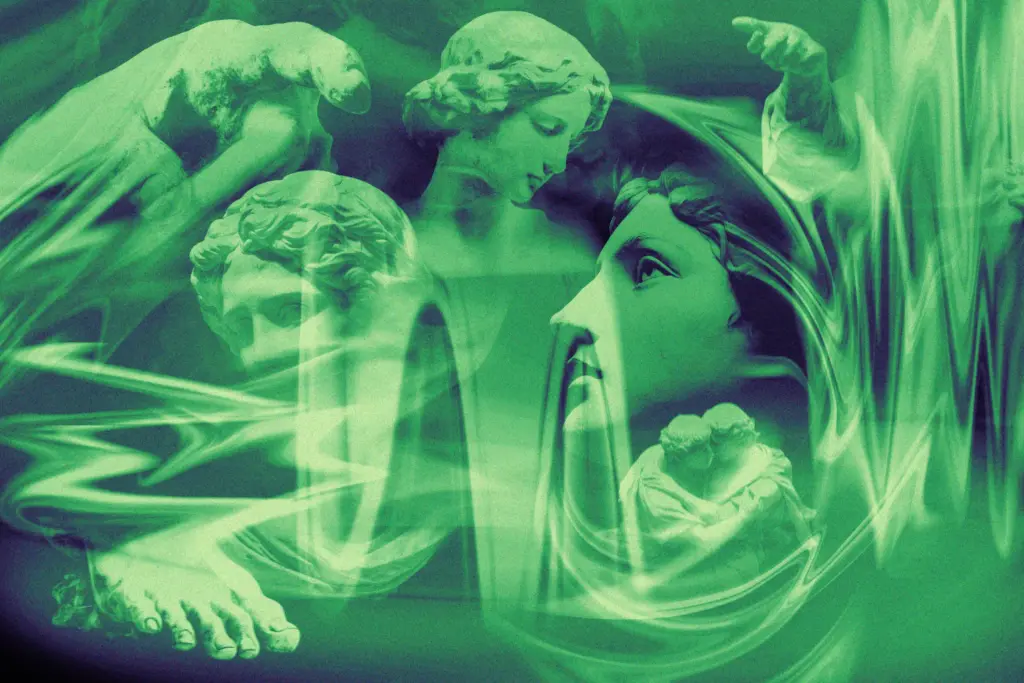 Collage of classical sculptures and busts in green tones, blended with swirling light effects for surreal impact Photoshop Design Assets