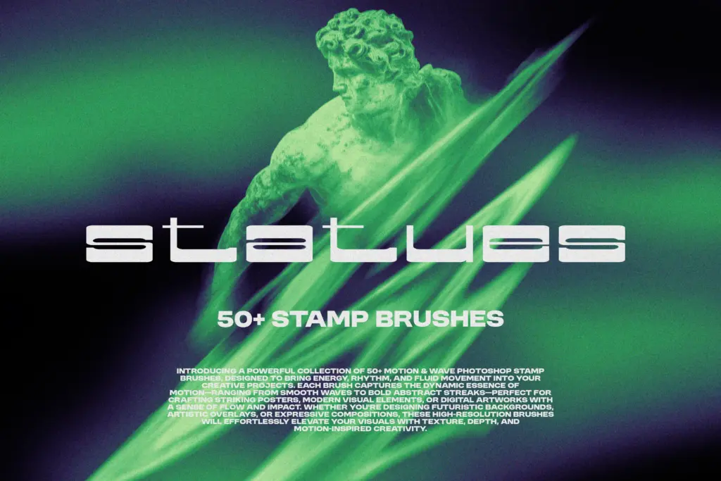 Promotional graphic for 50+ Photoshop stamp brushes featuring a classical statue in green with motion effects