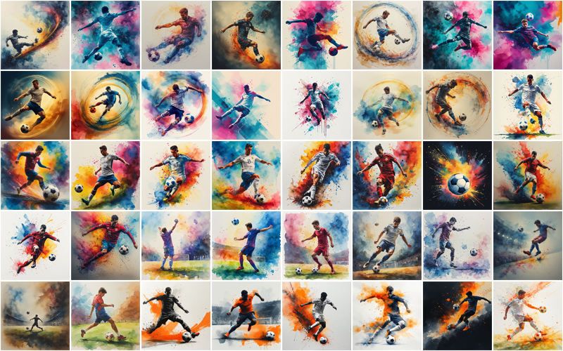 Grid of 40 stylized soccer artworks featuring energetic player movements, colorful backgrounds, and expressive brushstroke effects