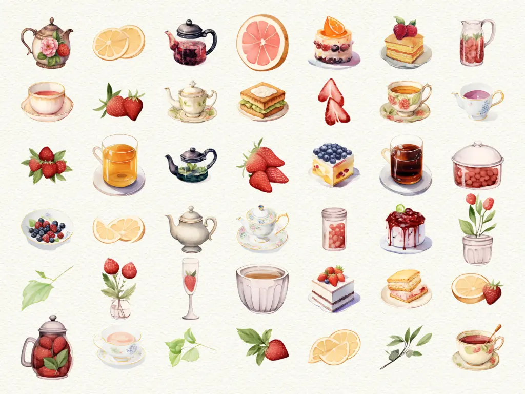 Stylized grid of teapots, teacups, cakes, and jam jars in a cozy tea-time layout