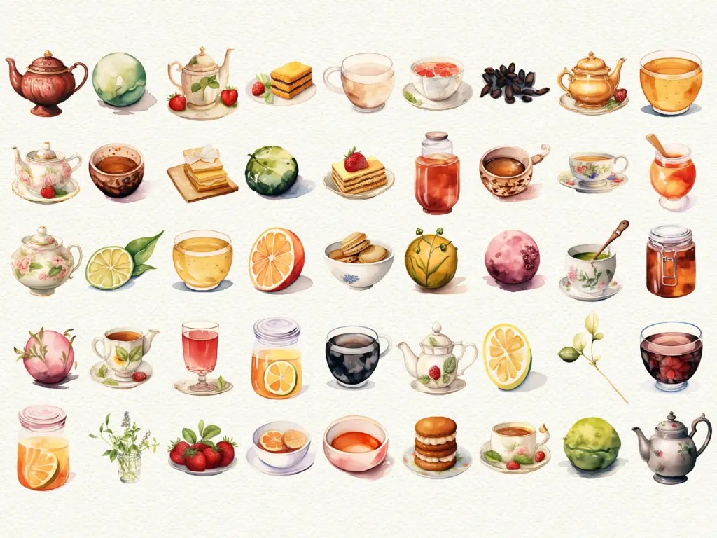 Grid of illustrated teapots, cups, fruits, and sweets arranged in rows for a tea-themed collection