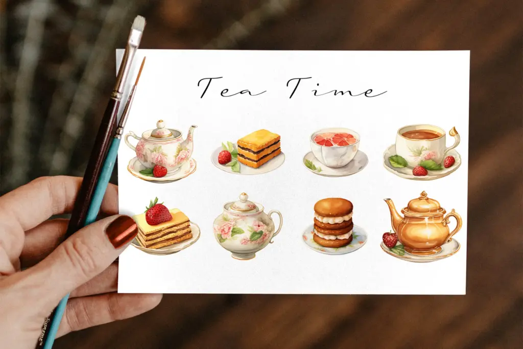 Hand holding a “Tea Time” card with illustrated teapots, cakes, and tea cups in two neat rows