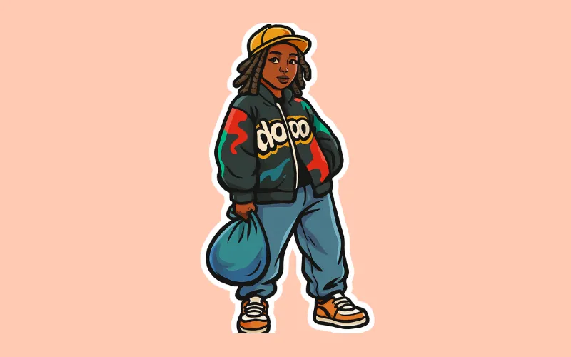 Confident Black man in graffiti “dope” jacket, yellow cap, and blue jeans, holding a bag on peach background Sticker Prompts