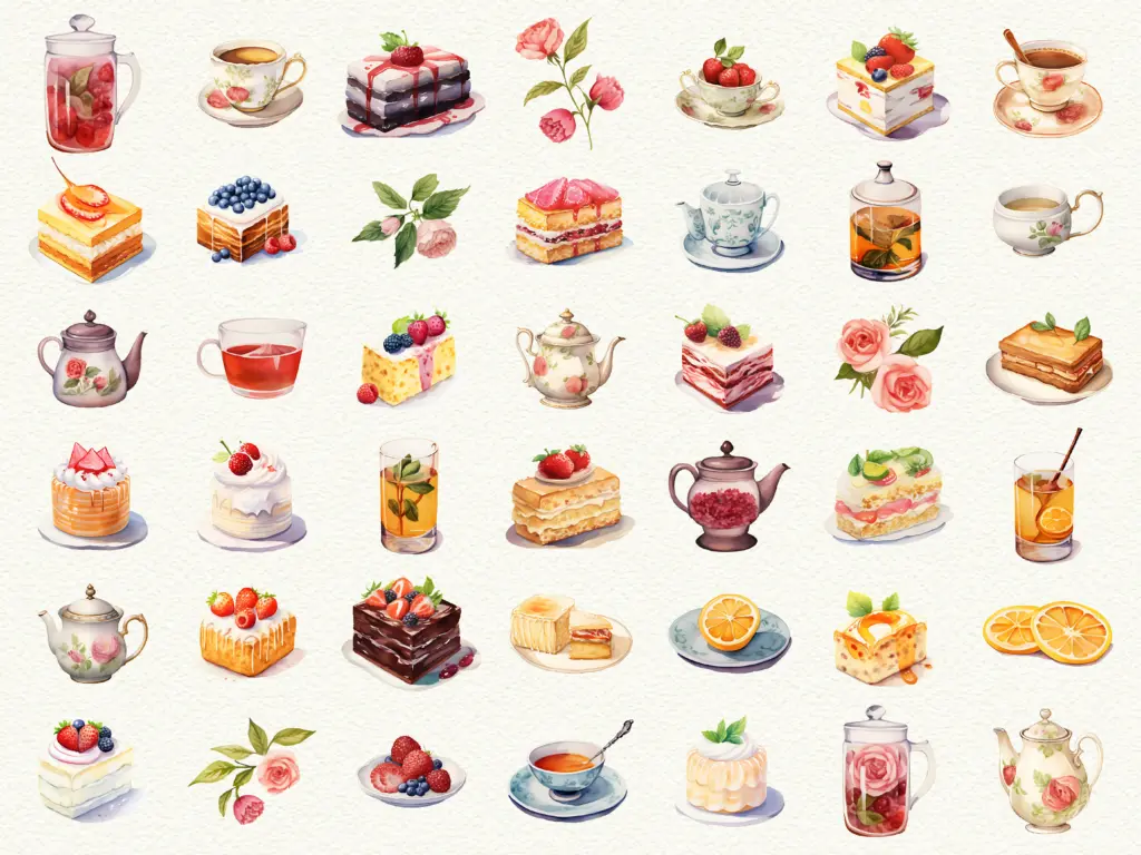 Watercolor grid of cakes, tea cups, fruits, and flowers in a patisserie-style arrangement