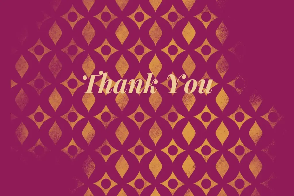 The words "Thank You" in white and gold script over a repeating gold geometric diamond pattern on a magenta background.