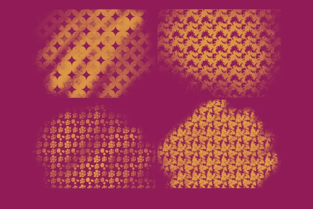 Four gold texture patterns (intertwined circles, small detailed floral, radiating floral/starburst, organic rock/vein) on a magenta background.