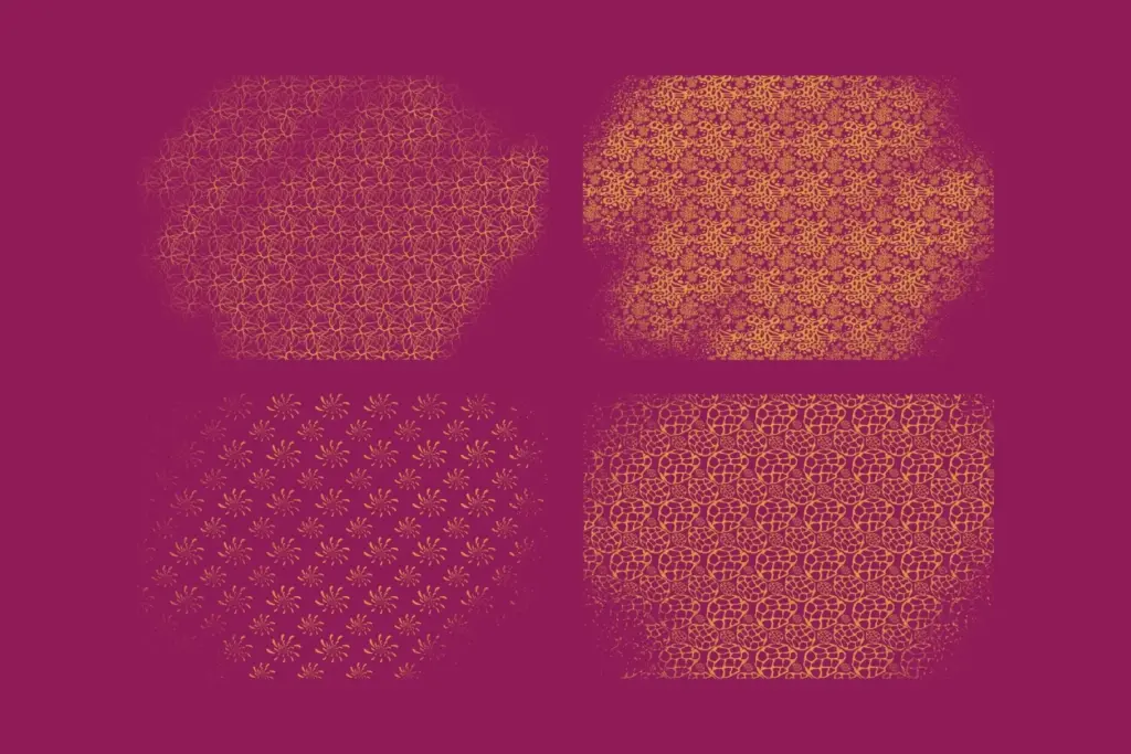 Four gold texture patterns (intertwined circles, small detailed floral, radiating floral/starburst, organic rock/vein) on a magenta background.