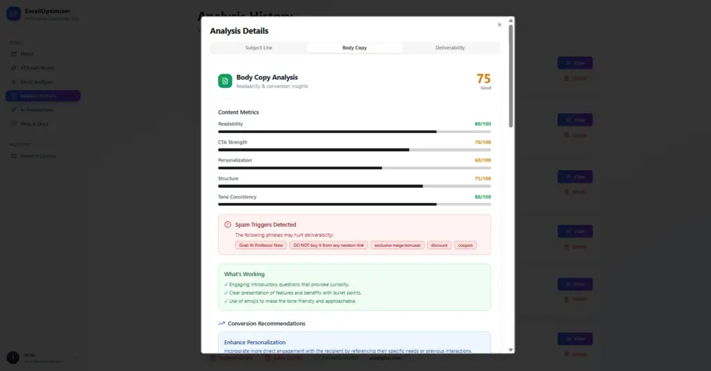 Body Copy Analysis Screen