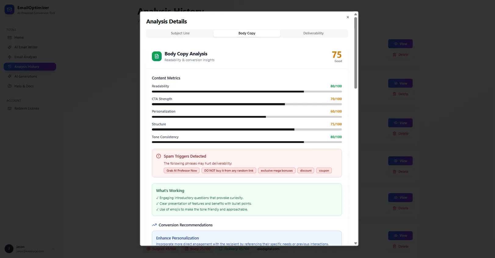 Body Copy Analysis Screen
