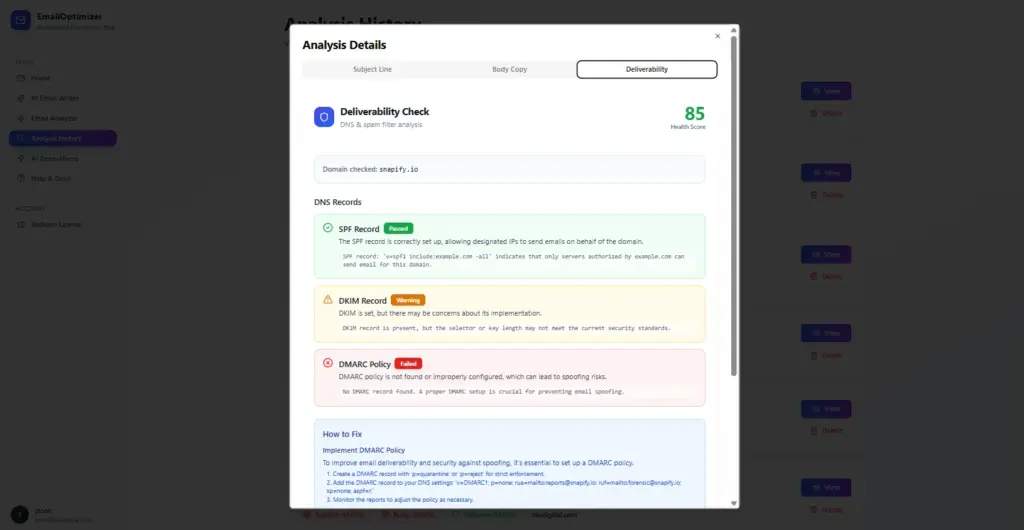Deliverability Score Checker Screen