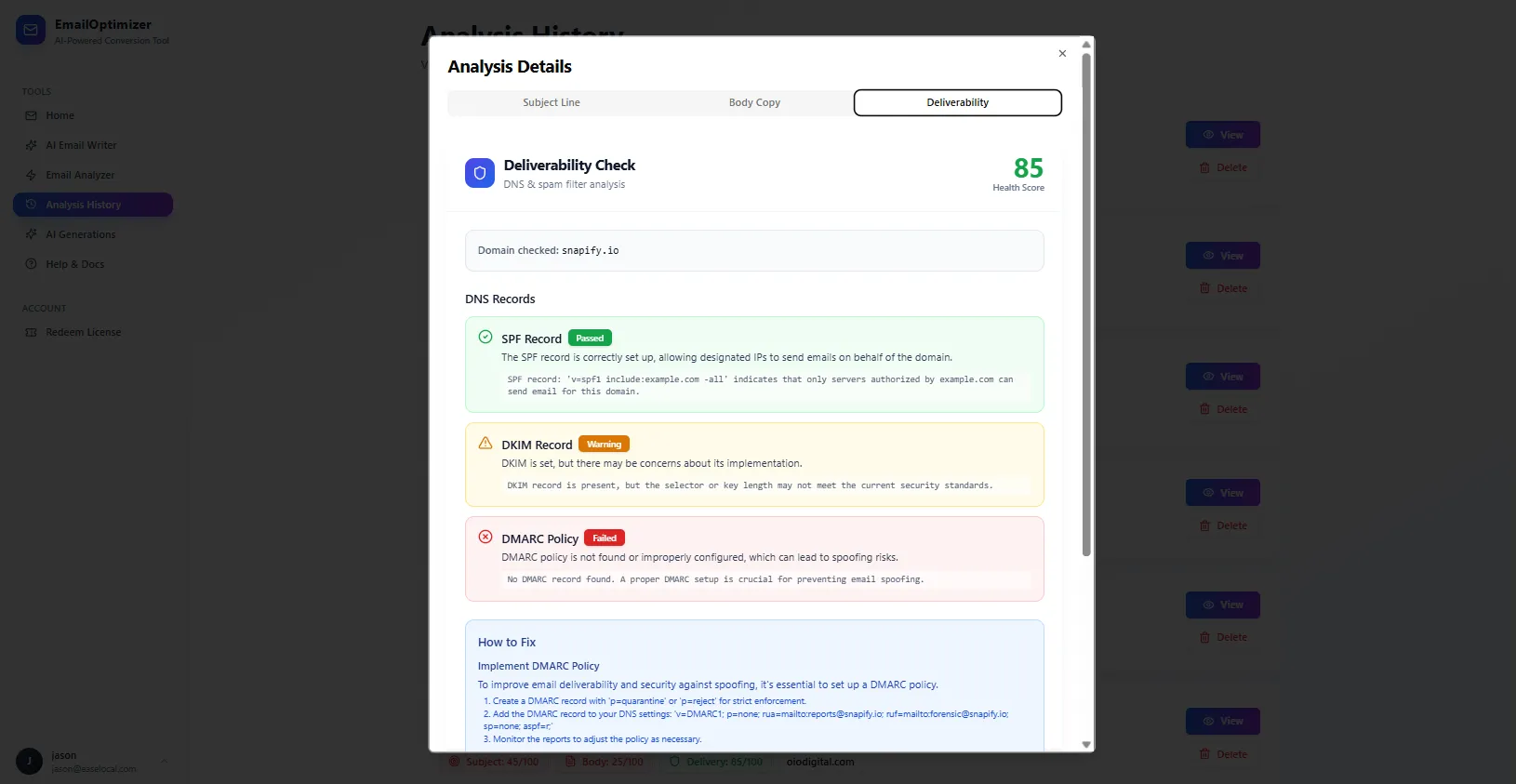 Deliverability Score Checker Screen