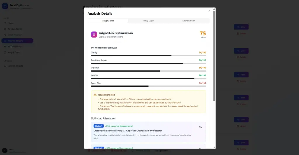 Subject Line Analysis Screen