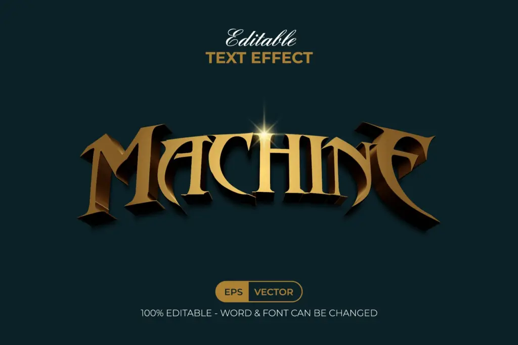 Sharp, aggressive golden "MACHINE" text effect with a metallic finish on a dark teal background.