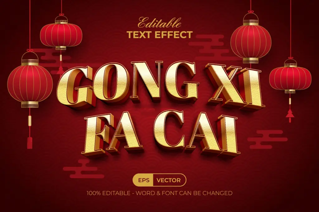Textured, 3D golden "GONG XI FA CAI" text effect with hanging red lanterns on a patterned red background.