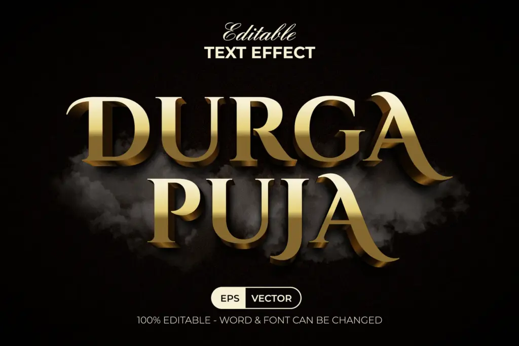 Bold, 3D golden "DURGA PUJA" text with atmospheric smoke on a dark, textured background.